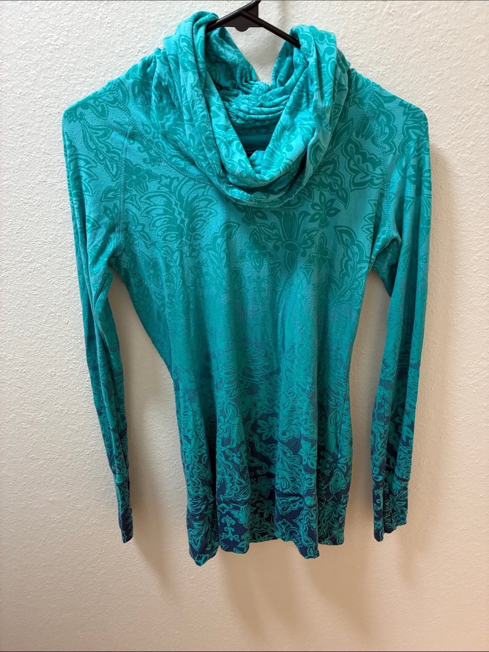 Athleta Teal Patterned Cowl Neck Sweater